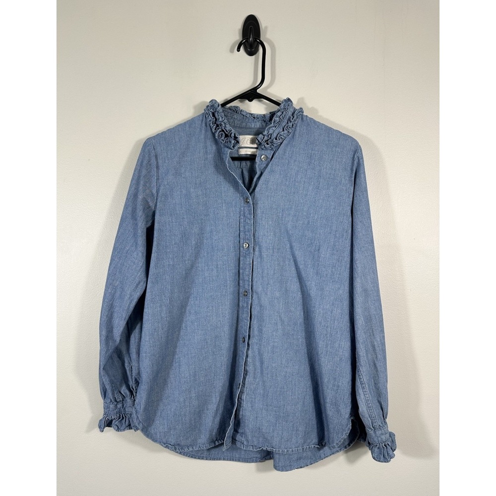 J Crew Classic Fit Ruffle Neck Chambray Shirt Women 8 Blue 100% Cotton Button Up